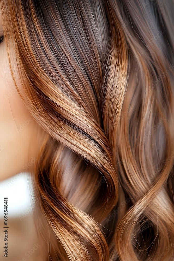 Naklejka premium Close-up of wavy brown hair with caramel balayage highlights showing soft curls and dimensional color blend, suitable for hair salon and beauty advertising.