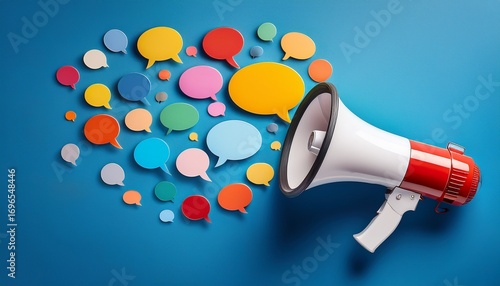 powerful megaphone with an array of colorful speech bubbles of varying shapes and sizes radiating outward on a solid blue background representing the concept of powerful messaging communication