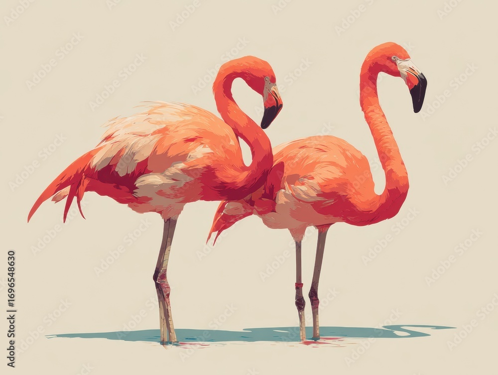 Fototapeta premium Digital Illustration of Two Vibrant Pink Flamingos Standing on Shoreline Against Light Background