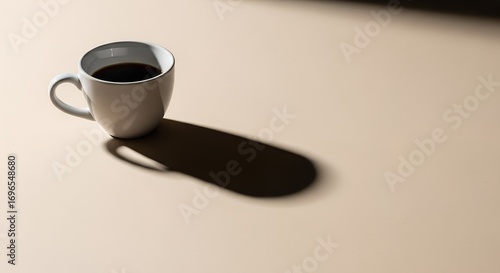 A solitary coffee cup casting a long shadow on a minimalist table.