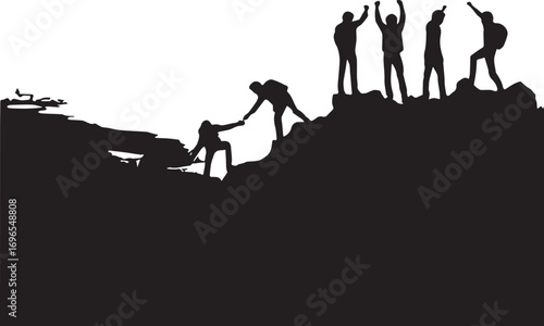 Family silhouette riding camels and horses into a sunset sky