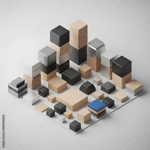Architectural Model with Wood Metal and Plastic Cubes.