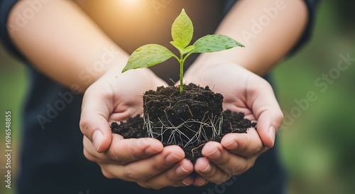 Caring Hands Holding a Young Green Plant Seedling.