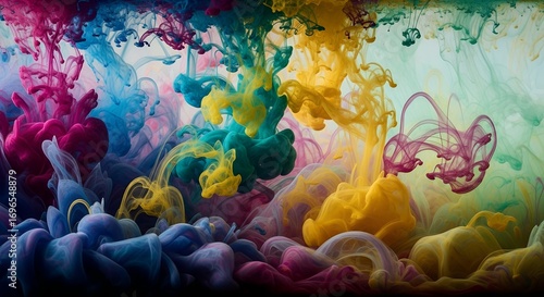 Colorful Ink Clouds Billowing in Water Abstract Background.