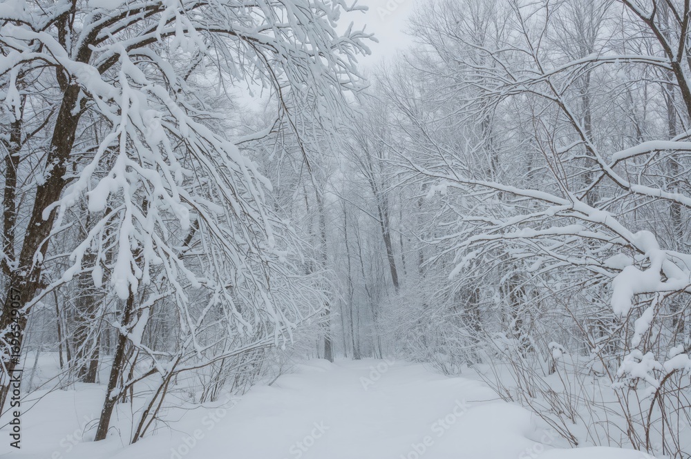 Fototapeta premium Scenic view of a snowy woodland following a major snowstorm