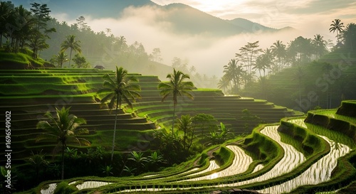 Golden Sunrise Over Tegallalang Rice Terraces in Bali Indonesia.