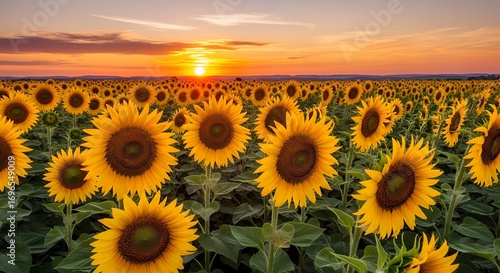 Golden Sunset Over a Vibrant Sunflower Field.