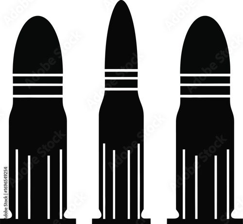 Three black silhouette rifle cartridges arranged in a row against a white background.