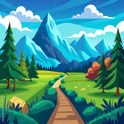 Scenic countryside path leading towards tall blue mountains under a cloudy sky vector illustration