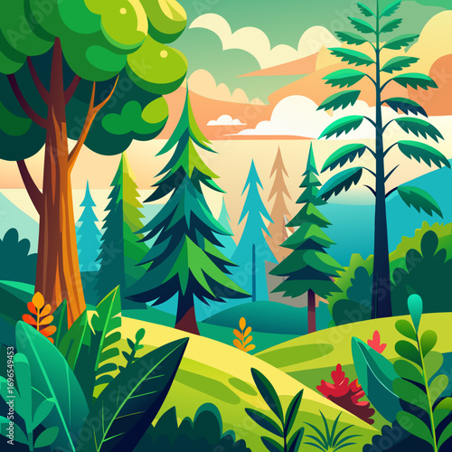 Vibrant scalable vector illustration of a lush pine forest with colorful foliage and sky