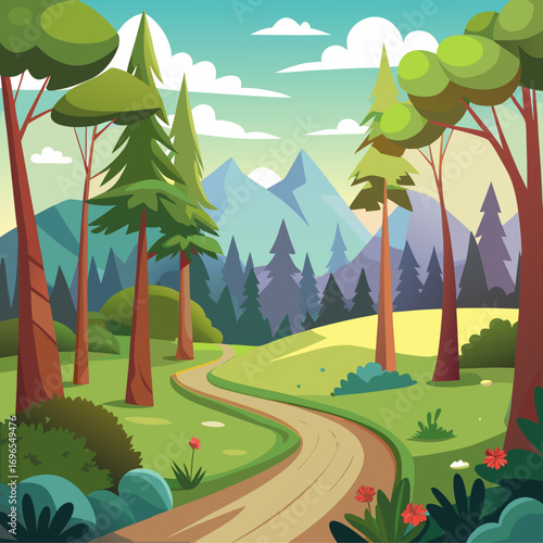 Whimsical cartoon forest clearing with winding path vector illustration scenic outdoors
