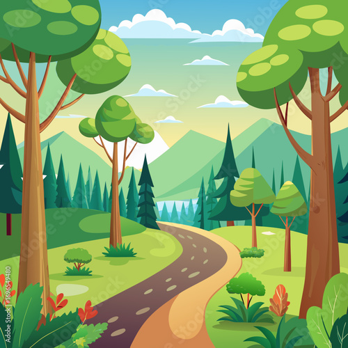 Vibrant cartoon forest clearing with winding road and lush green scenery