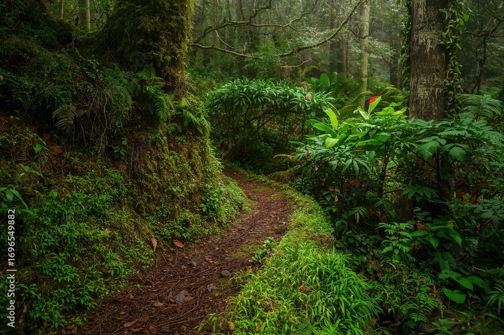 Fototapeta premium Dense Verdant Pathway Covered in Moss and Foliage