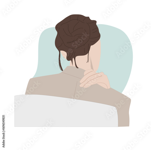woman holding sore shoulder.Young woman holding hands on neck in back pain