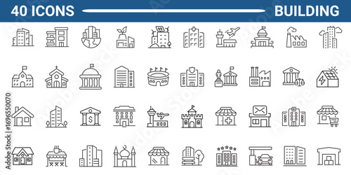 Building Line Editable Icons set. contains icons of residential and public buildings: house, office, condo, government, school, hotel, shop, university, hospital and more. Vector illustration.