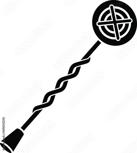 Simple black silhouette of a vintage bar spoon with a target design on its end.
