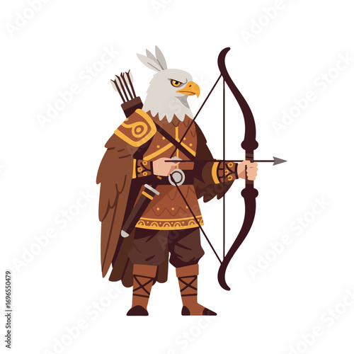 An eagleheaded warrior with a drawn bow and arrow wearing brown armor