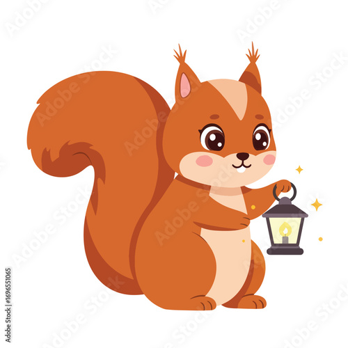 A cute cartoon squirrel holds a lantern with small yellow stars around it