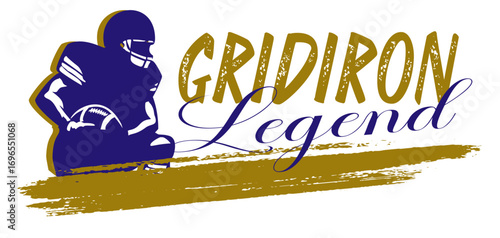 Sketch-style American football player  in purple annd gold and bold “Gridiron Legend” lettering. Suitable for sports apparel, team branding, promotional graphics, and merchandise.
