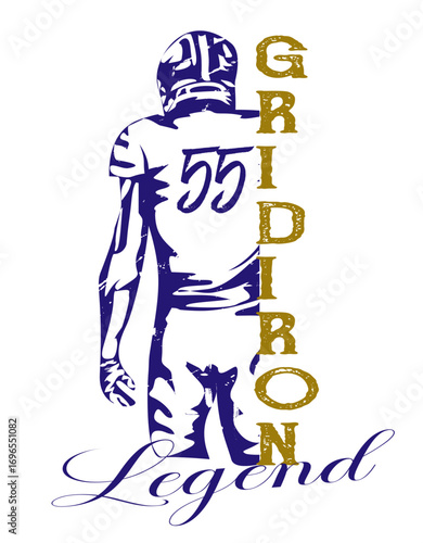 Football player sketch in purple with number 55 and “Gridiron Legend”  gold text. A gritty, high-impact design for sports-themed creative use.	