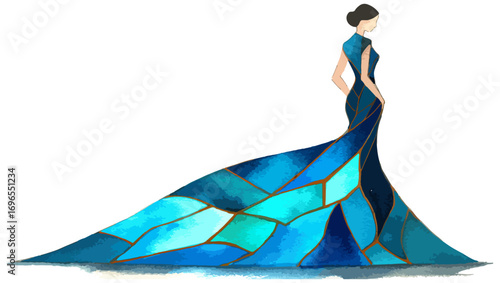 Elegant woman in blue stained glass dress design