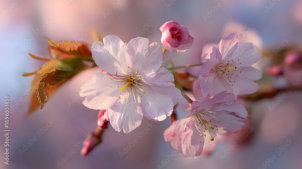Obraz premium Delicate blossoms of spring in soft pastel hues, showcasing the beauty of cherry blossoms in a close-up view.