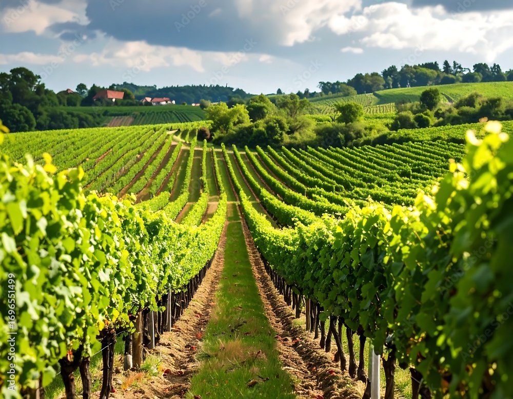 Obraz premium Lush vineyard rows stretch across a sunny landscape, showcasing a vibrant green expanse.