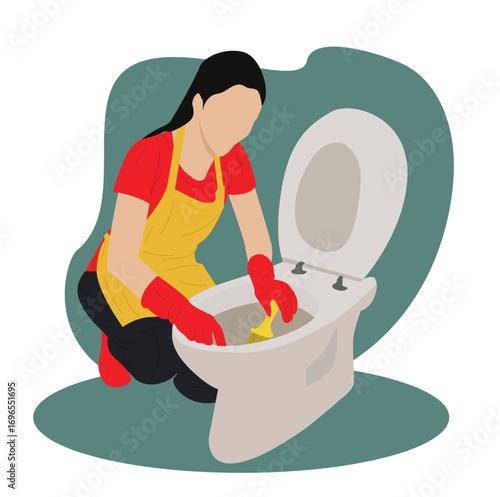woman cleaning the toilet. Woman cleaning toilet with gloves and apron 