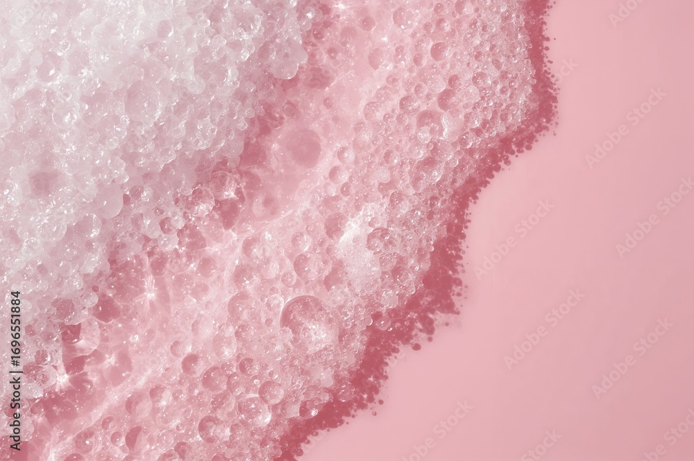Fototapeta premium Close-up of cosmetic foam with bubbles on a pastel pink background. Texture of cleansing skincare lather.