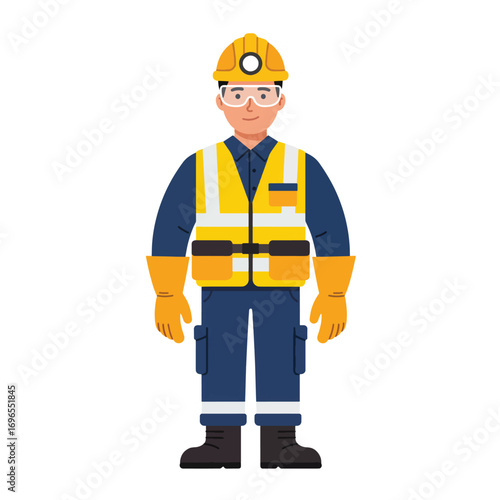 A flat illustration of a construction worker in safety gear