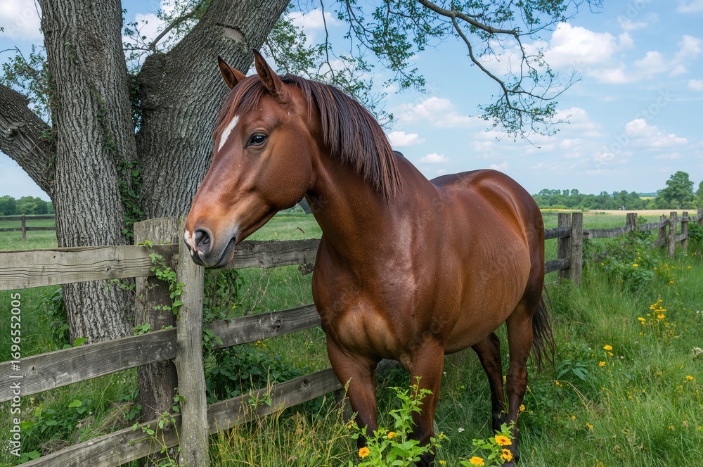 Fototapeta premium Noble steed beside an old wooden barrier in a tranquil meadow with a calm tree behind it