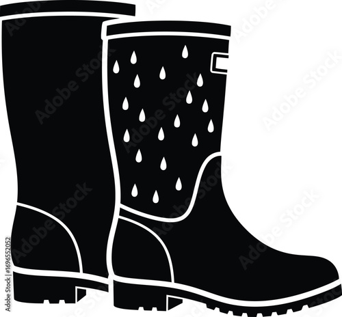 Pair of black rain boots with a playful raindrop pattern, ready for wet weather adventures.