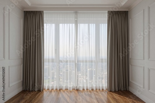 Contemporary living space featuring drapes in a 3D rendered design