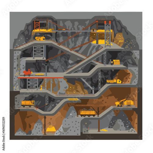 Cutaway view of a multilevel mine with mining equipment