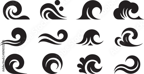 A dynamic collection of black wave icons, depicting various ocean and water ripple designs, provides versatile elements for nautical, surf, and nature-themed digital graphics