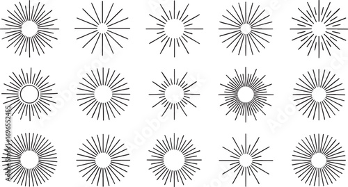 An extensive collection of hand-drawn sunburst and starburst icons in various styles provides bright, radiating design elements for highlighting, emphasis, and celebratory graphics