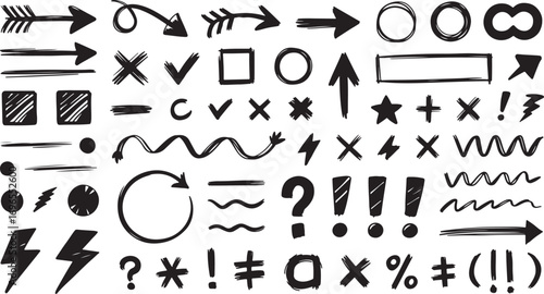 Hand drawn black highlights, underlines and emphasis crayon elements. black pen check marks, ovals vector shapes for hand drawn notes. Checkered paper sheet.