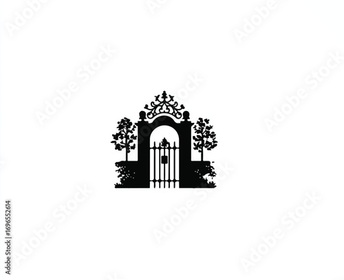 Ornate Garden Gate Silhouette with Trees and Foliage Creating an Elegant Entrance Motif on White Background