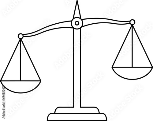 Balance scale icon, justice symbol, law concept, black and white line art, legal decision, fairness illustration, equality vector, courtroom metaphor