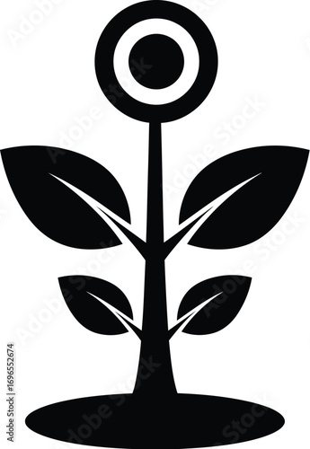 Stylized black silhouette of a growing plant with a circular top, symbolizing growth and development.