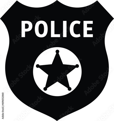 Police badge icon, law enforcement symbol, black shield design, white star, bold text, authority emblem, security vector, official insignia, protection concept