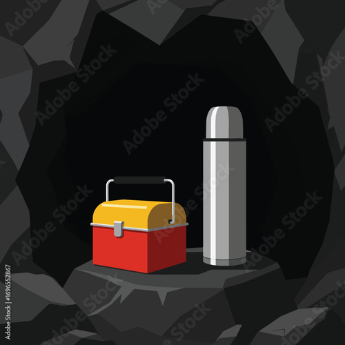Lunchbox and thermos sit on rocks inside a dark cave