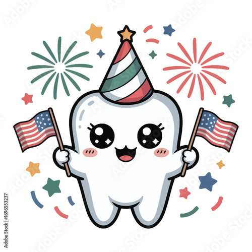 A super cute molar in a festive Independence Day theme, in sparkling kawaii style, holding pastel fireworks and flags, surrounded by bright stars and confetti.