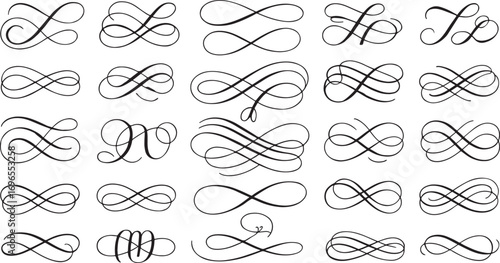 An elegant collection of hand-drawn calligraphy flourish dividers and ornamental swirls offers beautiful vintage design elements for decorative text, headers, and wedding invitations