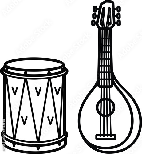 Traditional folk instruments, a hand drum and a mandolin-like stringed instrument, isolated on white.