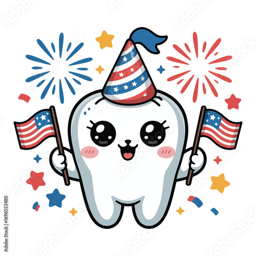 A super cute molar in a festive Independence Day theme, in sparkling kawaii style, holding pastel fireworks and flags, surrounded by bright stars and confetti.