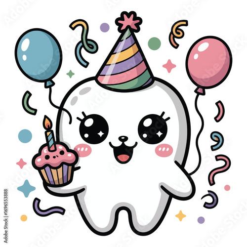 A super cute molar in a birthday theme, in sparkly kawaii style, wearing a party hat and holding a cupcake with a candle, surrounded by pastel balloons and streamers.