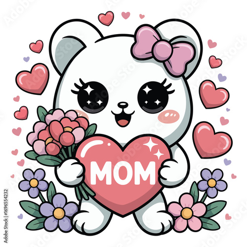 A super cute Mother's Day themed molar, in sparkling kawaii style, featuring a pastel bouquet and a heart-shaped "Mom" sign, surrounded by soft flowers and floating hearts.