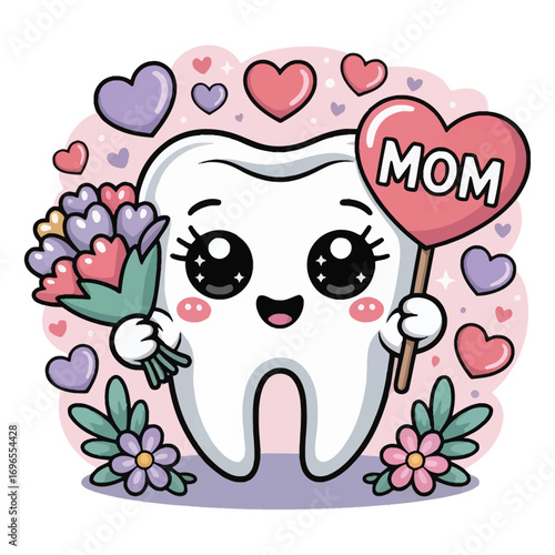 A super cute molar tooth in a Mother's Day theme, in sparkling kawaii style, holds a pastel bouquet and a heart-shaped "Mom" symbol, surrounded by soft flowers and floating hearts.