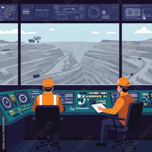Two workers in hard hats in a control room overlooking a mine